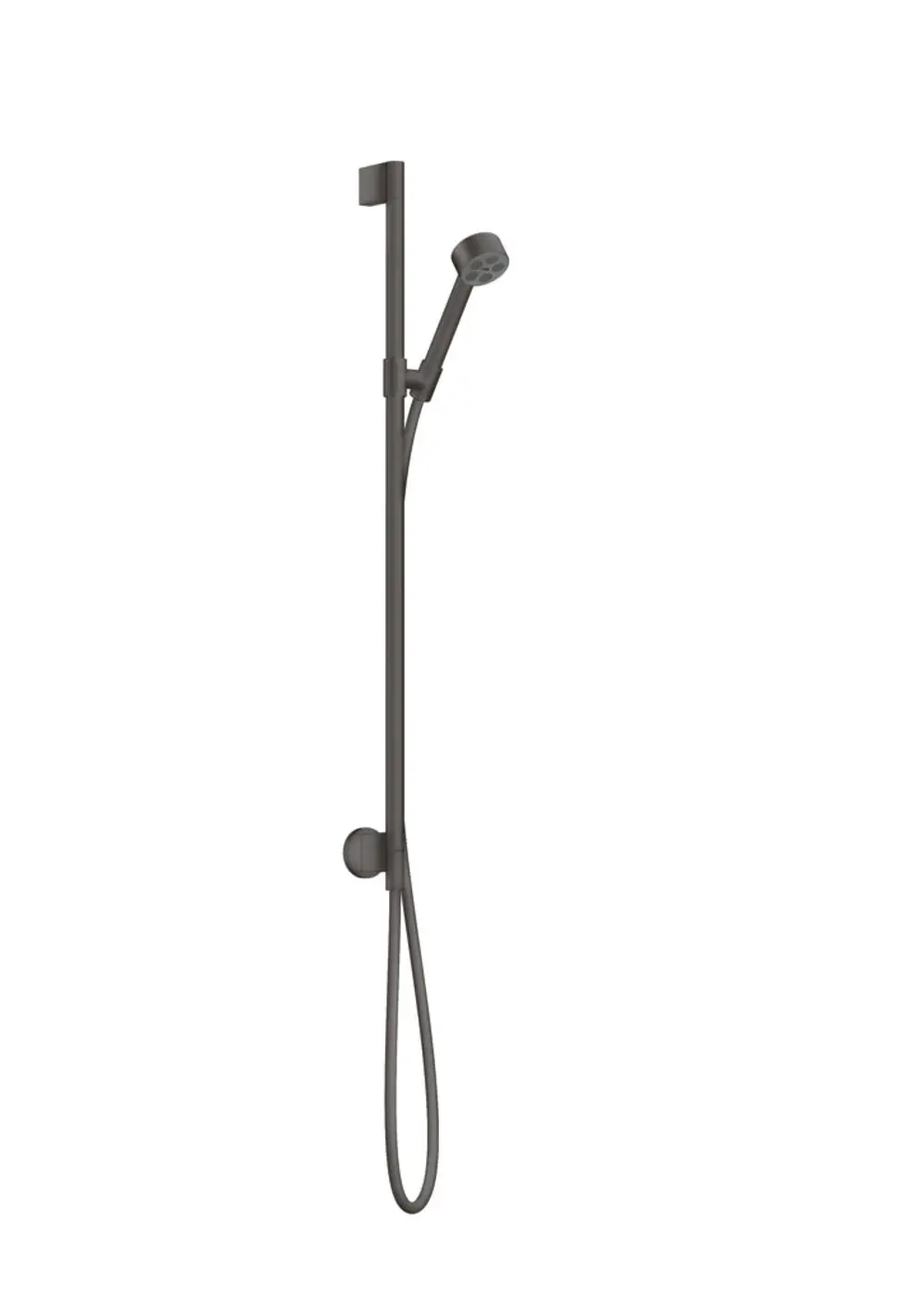 Brauseset in brushed black chrome, bestehend aus einer schlanken Stange mit Handbrause und Wandanschluss, designet von AXOR. Minimalistisches und funktionales Badezimmer-Accessoire.